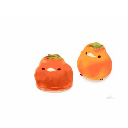 Rule 34 | animal focus, bird, chai (drawingchisanne), commentary request, food, food-themed creature, food focus, fruit, leaf, no humans, original, persimmon, simple background, undersized animal, white background