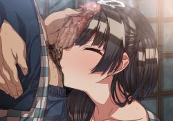Rule 34 | 1boy, 1girl, black hair, blush, censored, closed eyes, closed mouth, collarbone, cum, cum on hair, ejaculation, erere, facejob, hand on own hip, hetero, idolmaster, idolmaster shiny colors, long hair, male pubic hair, mayuzumi fuyuko, mosaic censoring, nose blush, one side up, open clothes, penis, penis on face, penis over one eye, pubic hair, solo focus, tears