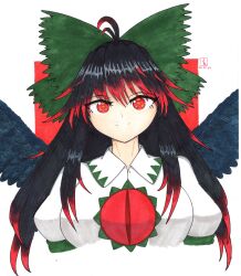 Rule 34 | 1girl, absurdres, antenna hair, bird wings, black hair, black wings, bow, breasts, colored tips, commentary, dated, english commentary, green bow, hair bow, highres, large breasts, looking at viewer, multicolored hair, radiation symbol-shaped pupils, red background, red eyes, red hair, reiuji utsuho, solo, symbol-shaped pupils, thatkirisame, third eye, touhou, upper body, wings