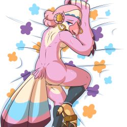 Rule 34 | 1girl, animal feet, ass, back, beak, bed sheet, bird tail, blue eyes, body fur, breasts, claws, crackersmaus, dakimakura (medium), earrings, female focus, floral print, from above, furry, furry female, half-closed eyes, hands up, happy, headband, highres, jewelry, leg warmers, looking back, lying, nintendo, nude, on stomach, open mouth, own hands together, pink fur, pink hair, rito, saki (zelda), short hair, small breasts, smile, solo, tail, the legend of zelda, the legend of zelda: breath of the wild, thighs, third-party source, two-tone fur, uncensored, white background, white fur, white headband, winged arms, wings