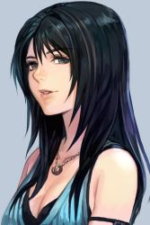 Rule 34 | 1girl, bare shoulders, black hair, blue dress, breasts, brown hair, cleavage, dress, face, final fantasy, final fantasy viii, grey eyes, hungry clicker, jewelry, long hair, multicolored hair, necklace, parted lips, rinoa heartilly, sleeveless duster, solo, streaked hair, undershirt