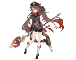 Rule 34 | 1girl, arm up, benitama, black hat, black shorts, brown hair, chinese clothes, flower, full body, genshin impact, hand in own hair, hat, hat flower, highres, holding, holding weapon, hu tao (genshin impact), long hair, long sleeves, looking at viewer, multicolored hair, polearm, red eyes, red hair, shorts, simple background, smile, solo, standing, symbol-shaped pupils, tailcoat, top hat, twintails, two-tone hair, weapon, white background