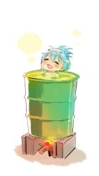Rule 34 | 10s, 1girl, bare shoulders, barrel, bath, blue hair, cinder block, commentary request, drum (container), closed eyes, fire, hair up, highres, kantai collection, nonco, open mouth, smile, solo, suzuya (kancolle), towel, towel on head