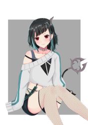 Rule 34 | 1girl, absurdres, black hair, black shorts, black tank top, blue hair, blush, closed mouth, commentary request, demon girl, demon horns, demon tail, fang, feet out of frame, fishnet thighhighs, fishnets, flat chest, grey background, grey choker, grey sweater, hair ornament, hairclip, highres, horns, long sleeves, looking at viewer, medium hair, midriff, multicolored hair, nanashi inc., official alternate costume, oja1226, pointy ears, red eyes, shishio chris, shishio chris (2nd costume), shorts, single bare shoulder, smile, solo, strap slip, sugar lyric, sweater, tail, tank top, thighhighs, two-tone background, two-tone hair, virtual youtuber, white background