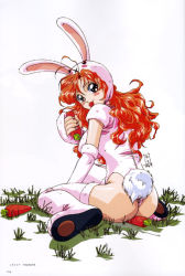 Rule 34 | 1girl, animal ears, ass, between buttocks, blush stickers, boots, carrot, elbow gloves, fake animal ears, food, full body, gloves, holding, holding food, hood, leotard, long hair, looking at viewer, mouth hold, pink thighhighs, playboy bunny, rabbit ears, rabbit tail, red hair, short sleeves, simple background, sitting, solo, tail, thigh boots, thighhighs, umetsu yukinori, wariza, white background