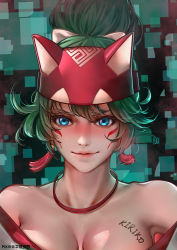 Rule 34 | 1girl, absurdres, armpits, artist name, bare shoulders, blue eyes, body writing, bow, breasts, character name, cleavage, closed mouth, earrings, facepaint, fox mask, green hair, hair bow, highres, japanese clothes, jewelry, kimono, kiriko (overwatch), lips, mask, medium breasts, ninja, off shoulder, overwatch, overwatch 2, senyahiro, short sleeves, smile, solo, upper body, white bow, white kimono