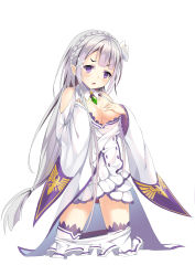 Rule 34 | 10s, 1girl, aliter, bare shoulders, braid, breasts, clothes pull, covering privates, dress, elf, emilia (re:zero), flower, frown, gem, hair flower, hair ornament, highres, long hair, long sleeves, looking at viewer, open mouth, pointy ears, purple eyes, re:zero kara hajimeru isekai seikatsu, silver hair, skirt, skirt pull, solo, thighhighs, very long hair, white background, white thighhighs, wide sleeves