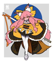 Rule 34 | 1girl, animal ear fluff, animal ears, bare shoulders, black skirt, bow, braid, breasts, fate/samurai remnant, fate (series), fox ears, fox girl, fox tail, full body, hacco mayu, hair between eyes, hair bow, highres, japanese clothes, katana, kimono, long hair, looking at viewer, obi, off shoulder, open mouth, pantyhose, pink hair, sash, sidelocks, skirt, small breasts, smile, solo, sword, tail, tamamo (fate), tamamo aria (fate), twintails, weapon, white pantyhose, wide sleeves, yellow bow, yellow eyes, yellow kimono
