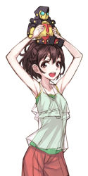 Rule 34 | 10s, 1girl, :d, armpits, arms up, bad id, casual, highres, matsuryuu, object on head, open mouth, robot, robotics;notes, senomiya akiho, short hair, simple background, smile, solo, white background