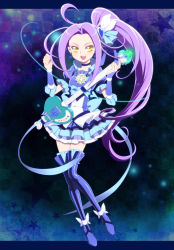 Rule 34 | 10s, 1girl, :d, ahoge, aqua skirt, bad id, bad pixiv id, blue background, blue footwear, blue skirt, blue theme, blue thighhighs, boots, bow, brooch, choker, cure beat, dress, earrings, eyelashes, frills, full body, gathers, guitar, hair ornament, hair ribbon, hairpin, happy, heart, highres, instrument, jewelry, kurokawa eren, kusama kira, layered skirt, letterboxed, long hair, magical girl, miniskirt, open mouth, parted bangs, pleated skirt, precure, purple hair, ribbon, seiren (suite precure), side ponytail, skirt, smile, solo, souma kira, star (symbol), suite precure, thigh boots, thighhighs, wrist cuffs, yellow eyes