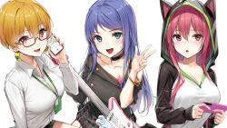 Rule 34 | 3girls, black choker, blonde hair, blue eyes, blue hair, bracelet, breasts, brown eyes, choker, collarbone, collared shirt, earrings, glasses, guitar, hair between eyes, highres, holding, holding instrument, holding phone, hood, instrument, jewelry, large breasts, long hair, long sleeves, looking at viewer, multiple girls, off shoulder, open mouth, original, phone, red eyes, red hair, shirt, skirt, sleeves rolled up, smile, talking on phone, uniform, wet.elephant, white shirt