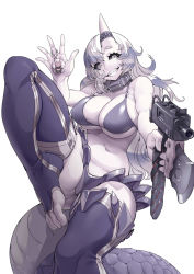 Rule 34 | 1girl, absurdres, bare shoulders, bikini, bikini top only, black sclera, blade, blush, colored sclera, covered erect nipples, fingernails, grey eyes, gun, highres, holding, holding gun, holding weapon, horns, charm (object), long hair, navel, oni, original, parted lips, pointing weapon, scales, sharp teeth, shizuoxing kof, simple background, single horn, smile, solo, swimsuit, tail, teeth, toenails, weapon, white background, white hair