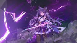 Rule 34 | 1girl, black pantyhose, closed mouth, cone hair bun, detached sleeves, double bun, dress, electricity, genshin impact, hair bun, hair ornament, highres, holding, holding sword, holding weapon, keqing (genshin impact), long hair, long sleeves, pantyhose, purple dress, purple eyes, purple hair, purple theme, reddizen, solo, sword, twintails, weapon