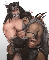 Rule 34 | 2boys, abs, animal hat, animal hood, bara, beard, between pectorals, body hair, brown hair, bulge, chest hair, couple, dopey (dopq), facial hair, grey hair, hat, highres, hood, hug, large pectorals, male focus, manly, multiple boys, muscular, nipples, original, pectorals, revealing clothes, simple background, thighs, topless male, yaoi