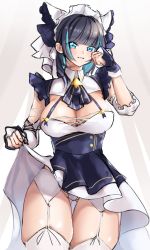 Rule 34 | 1girl, :3, animal ears, apron, aqua eyes, azur lane, black hair, blue ribbon, blunt bangs, blush, breasts, buki nankou, cat ears, cheshire (azur lane), cleavage, cleavage cutout, clothes lift, clothing cutout, commentary, cowboy shot, curtains, detached sleeves, dress, dress lift, earrings, fang, frilled hairband, frilled headband, frilled ribbon, frills, garter belt, garter straps, gluteal fold, groin, hair intakes, hairband, highres, jewelry, large breasts, lifted by self, looking at viewer, maid, maid headdress, multicolored hair, neck ribbon, panties, pantyshot, paw pose, puffy detached sleeves, puffy sleeves, purple apron, ribbon, sidelocks, sketch, skin fang, skindentation, smile, solo, standing, streaked hair, thighhighs, underwear, white panties, white thighhighs, wrist cuffs, zettai ryouiki