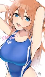 Rule 34 | 1girl, arms up, bad id, bad twitter id, blue eyes, blue one-piece swimsuit, blush, breasts, charlotte e. yeager, commentary request, commission, competition swimsuit, emirio (emirio110), hair between eyes, hands in hair, highres, large breasts, long hair, looking at viewer, one-piece swimsuit, orange hair, parted lips, simple background, skeb commission, solo, strike witches, swimsuit, third-party source, very long hair, wet, white background, world witches series