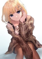 Rule 34 | 1girl, black skirt, blonde hair, blue eyes, breasts, coat, earrings, frilled shirt, frills, hair ornament, hairclip, heart, heart earrings, highres, hololive, hololive english, itagaku, jewelry, looking at viewer, medium breasts, medium hair, off shoulder, pantyhose, plaid, plaid coat, shirt, side ponytail, simple background, skirt, virtual youtuber, watson amelia, watson amelia (street casual), white background