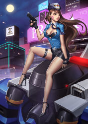 Rule 34 | 1girl, absurdres, ankle strap, arm at side, belt, belt buckle, billboard, black bra, black footwear, black gloves, black necktie, black shorts, blue shirt, bra, breasts, brown eyes, brown hair, buckle, building, buttons, cleavage, collared shirt, commentary request, d.va (overwatch), detached collar, facepaint, facial mark, female service cap, finger on trigger, fingerless gloves, full moon, glint, gloves, gun, hand up, handgun, hat, high heels, highres, holding, holding gun, holding weapon, lipstick, long hair, looking away, makeup, mecha, medium breasts, meka (overwatch), moon, necktie, night, night sky, nose, officer d.va, official alternate costume, open clothes, open shirt, outdoors, overwatch, overwatch 1, pink lips, pistol, police, police hat, police uniform, policewoman, robot, shirt, shoes, short hair, short shorts, shorts, sitting, sky, solo, star (sky), starry sky, strapless, strapless bra, swept bangs, teeth, thigh strap, underwear, uniform, very long hair, weapon, whisker markings, wing collar, yus