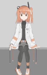 Rule 34 | 1girl, a.i. voice, adachi rei, android, anmitsu kina, belt, black leggings, black shirt, cable, closed mouth, commentary, drawstring, full body, grey background, grey shorts, hair ribbon, headlamp, highres, jacket, joints, leggings, leggings under shorts, lens eye, long sleeves, looking at viewer, medium hair, no gloves, one side up, open clothes, open jacket, orange belt, orange eyes, orange hair, radio antenna, ribbon, robot joints, shirt, shirt tucked in, shoes, shorts, sitting, smile, sneakers, solo, turtleneck, utau, white footwear, white jacket, white ribbon