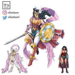 Rule 34 | angewomon, dc comics, digimon, fusion, shield, simple background, solo, sword, weapon, white background, wings, wonder woman