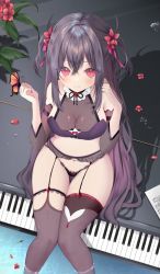 Rule 34 | 1girl, blush, breasts, bug, butterfly, flower, garter straps, hair ornament, insect, instrument, large breasts, long hair, looking at viewer, moemoepiano, navel, original, petals, piano, red eyes, smile, solo, thighhighs, thighs