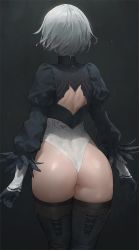 Rule 34 | 1girl, absurdres, android, arms at sides, ass, black background, black thighhighs, bob cut, free style (yohan1754), from behind, gloves, gradient background, highres, huge ass, leotard, looking away, nier:automata, nier (series), shiny skin, short hair, silver hair, solo, thick thighs, thighhighs, thighs, thong, thong leotard, 2b (nier:automata)