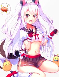 Rule 34 | 1girl, :d, absurdres, animal ears, azur lane, belt, bird, boned meat, braid, breasts, chick, claw pose, cleavage, collarbone, commentary request, fingerless gloves, food, gloves, hair between eyes, highres, kneehighs, kyarameru76, long hair, looking at viewer, manjuu (azur lane), meat, medium breasts, nail polish, navel, open mouth, parted bangs, pleated skirt, red eyes, school uniform, serafuku, short sleeves, sidelocks, simple background, single braid, sitting, skirt, smile, socks, solo, spoken object, stomach, stomach tattoo, stuffed wolf, tail, tattoo, thick eyebrows, two side up, underboob, wariza, white background, white hair, white socks, wolf ears, wolf girl, wolf tail, yuudachi (azur lane)