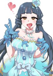 Rule 34 | 1girl, bare shoulders, blue dress, blue gloves, blue hair, blue ribbon, blunt bangs, blush, breasts, cleavage, collarbone, crown, detached sleeves, dot nose, dress, frilled dress, frills, gloves, half-closed eyes, heart, highres, idolmaster, idolmaster million live!, idolmaster million live! theater days, jewelry, kitakami reika, large breasts, long hair, looking at viewer, mini crown, monster girl, necklace, official alternate costume, ohgi910, open mouth, pearl necklace, ribbon, simple background, slime girl, solo, striped clothes, striped dress, tongue, tongue out, twintails, upper body, vertical-striped clothes, vertical-striped dress, very long hair, white background, yellow eyes