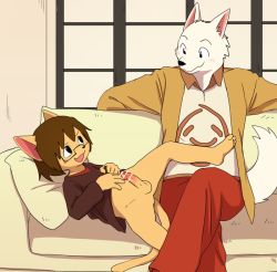 Rule 34 | 2boys, age difference, bottomless, censored, couch, erection, furry, furry male, male focus, manmosu marimo, multiple boys, original, penis, sitting, size difference, smirk, tagme, undressing, yaoi