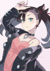 Rule 34 | 1girl, absurdres, alternate hair length, alternate hairstyle, arm up, asymmetrical bangs, black choker, black hair, black jacket, black nails, breasts, choker, cleavage, collarbone, commentary request, creatures (company), dress, dusk poke27, earrings, game freak, green eyes, hair ribbon, highres, jacket, jewelry, long hair, marnie (pokemon), nail polish, nintendo, off shoulder, open clothes, open jacket, parted lips, pink background, pink dress, pokemon, pokemon swsh, red ribbon, ribbon, small breasts, solo, upper body