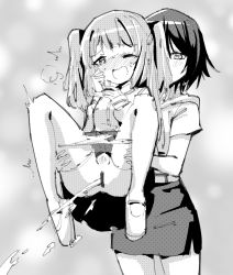 Rule 34 | 2girls, assisted peeing, blush, censored, greyscale, lifting person, monochrome, multiple girls, one eye closed, open mouth, original, panties, panty pull, peeing, pussy, rune (dualhart), thighhighs, underwear