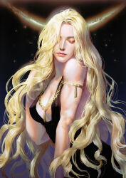 Rule 34 | 1girl, armlet, arms at sides, bare shoulders, black dress, blonde hair, breasts, closed eyes, closed mouth, collarbone, commentary, dress, elden ring, eyelashes, great rune (elden ring), hair over one eye, hand up, highres, jewelry, korean commentary, large breasts, lips, long hair, necklace, parted lips, queen marika the eternal, solo, star (sky), tumitumico, upper body, wavy hair