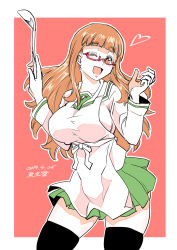 Rule 34 | 10s, 1girl, 2019, ;d, apron, artist name, black neckerchief, black thighhighs, blouse, blunt bangs, border, breasts, bright pupils, commentary, cowboy shot, dated, girls und panzer, glasses, green skirt, happy, head tilt, heart, highres, holding, holding ladle, ladle, long hair, long sleeves, looking at viewer, medium breasts, miniskirt, neckerchief, one-hour drawing challenge, one eye closed, ooarai school uniform, open mouth, orange eyes, orange hair, outline, outside border, pink background, pleated skirt, red-framed eyewear, school uniform, semi-rimless eyewear, serafuku, shinkuukan (tetsuo3), shirt, signature, simple background, skindentation, skirt, smile, solo, standing, takebe saori, thighhighs, under-rim eyewear, upper body, w arms, white apron, white border, white outline, white pupils, white shirt