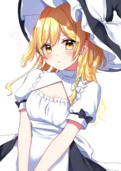Rule 34 | 1girl, absurdres, apron, black bow, blonde hair, blush, bow, braid, breasts, frilled apron, frills, hair bow, hat, highres, kirisame marisa, long hair, looking at viewer, revision, shinonome asu, short sleeves, simple background, solo, touhou, white background, white bow, witch hat, yellow eyes