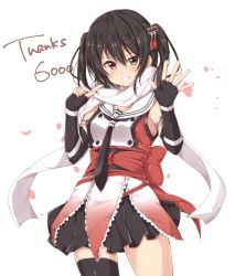 Rule 34 | 10s, 1girl, black gloves, black skirt, black thighhighs, blush, breasts, brown eyes, brown hair, buttons, elbow gloves, english text, fingerless gloves, gloves, grin, hair between eyes, hair ornament, jiino, kantai collection, looking at viewer, milestone celebration, open hand, petals, pointing, pointing at self, scarf, school uniform, sendai (kancolle), sendai kai ni (kancolle), serafuku, short hair, single thighhigh, skirt, small breasts, smile, solo, teeth, thighhighs, two side up, white scarf