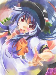 Rule 34 | 1girl, blue hair, bow, female focus, food, fruit, hat, hinanawi tenshi, peach, red eyes, skirt, smile, solo, tongue, tongue out, touhou, yohane