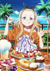 Rule 34 | 1girl, :q, black bow, blonde hair, blue eyes, blue sky, bow, collarbone, commentary request, food, forehead, fork, hair bow, holding, holding fork, imigimuru, kurumi (lycoris recoil), long hair, lycoris recoil, off shoulder, official art, orange shirt, oversized clothes, oversized shirt, palm tree, shirt, sky, solo, tongue, tongue out, tree
