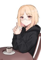 Rule 34 | 1girl, absurdres, artist name, black jacket, blonde hair, breasts, brown eyes, chair, coffee, coffee cup, commission, cup, disposable cup, gamryous, girls&#039; frontline, glasses, highres, hood, hood down, jacket, long sleeves, looking at viewer, mp40 (girls&#039; frontline), non-web source, own hands clasped, own hands together, plate, short hair, simple background, small breasts, smile, table