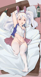 Rule 34 | 1girl, absurdres, animal ears, azur lane, bare shoulders, blanket, bottle, chinese commentary, collarbone, commentary request, fake animal ears, full body, hairband, highres, konbix, laffey (azur lane), long hair, looking at viewer, lying, navel, on back, open mouth, panties, pillow, pleated skirt, rabbit ears, round teeth, scared, side-tie panties, silver hair, skirt, solo, spaghetti strap, stomach, striped clothes, striped panties, teeth, thighhighs, twintails, underwear, untied panties, unworn skirt, white thighhighs, wine bottle