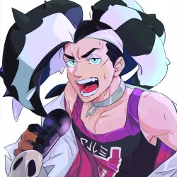 Rule 34 | 1boy, black hair, choker, commentary, creatures (company), eyeshadow, game freak, green (grimy), green eyes, grey choker, gym leader, highres, holding, holding microphone, jacket, long hair, makeup, male focus, microphone, multicolored hair, nintendo, off shoulder, open mouth, piers (pokemon), pokemon, pokemon swsh, purple eyeshadow, solo, sweat, symbol-only commentary, teeth, tongue, two-tone hair, white hair, white jacket
