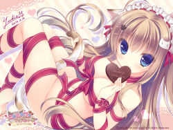 Rule 34 | 1girl, animal ears, artist name, blue eyes, breasts, brown hair, candy, cat ears, cat tail, chocolate, chocolate heart, dated, food, hair ornament, hairclip, happy valentine, heart, highres, holding own tail, long hair, maid headdress, naked ribbon, navel, nekomori mike, nyan cafe macchiato, ribbon, signature, smile, solo, tail, valentine, wallpaper, yukie (peach candy)