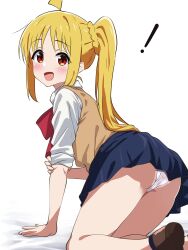 Rule 34 | !, 1girl, ahoge, ass, bad anatomy, bad hands, black skirt, blonde hair, blush, bocchi the rock!, borgbutler, bow, bowtie, brown footwear, brown vest, highres, ijichi nijika, long hair, looking at viewer, open mouth, panties, red bow, red bowtie, red eyes, shirt, shoes, side ponytail, simple background, skirt, smile, solo, underwear, vest, white background, white panties, white shirt