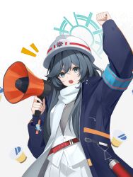 Rule 34 | 1girl, absurdres, anri (user ncce8585), arm up, armband, blue archive, blue coat, breasts, clenched hand, coat, grey eyes, grey hair, grey shirt, hard hat, helmet, highres, long hair, long sleeves, looking at viewer, megaphone, minori (blue archive), notice lines, open clothes, open coat, open mouth, scarf, shirt, simple background, skirt, small breasts, solo, thermos, upper body, v-shaped eyebrows, vest, white background, white skirt, white vest