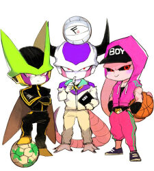 Rule 34 | 3boys, akame (chokydaum), arthropod boy, ball, baseball cap, basket, black sclera, cell (dragon ball), chibi, closed mouth, colored sclera, colored skin, crossed arms, dragon ball, dragonball z, frieza, hand in pocket, hat, holding, holding basket, holding whistle, hood, hood up, hoodie, horns, insect wings, looking at viewer, majin buu, multiple boys, pink eyes, pink hoodie, pink skin, red eyes, smile, soccer ball, super buu, tail, track suit, volleyball, volleyball (object), whistle, wings