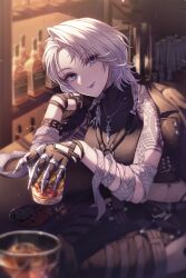 Rule 34 | 1girl, absurdres, alcohol, bad id, bad pixiv id, bandaged arm, bandages, bar (place), bare shoulders, black gloves, black jacket, black lips, black pants, black sweater, blue eyes, blurry, blurry foreground, breasts, clenched hand, closed mouth, cup, depth of field, gloves, hand on own chin, highres, holding, holding cup, indoors, iyar, jacket, jewelry, light, light particles, long sleeves, looking at viewer, medium breasts, necklace, open clothes, open jacket, pants, parted bangs, path to nowhere, short hair, shoulder tattoo, sleeveless, sleeveless sweater, smile, solo, sweater, tattoo, turtleneck, turtleneck sweater, white hair, zoya (path to nowhere)