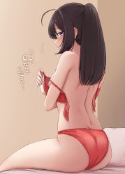 Rule 34 | 1girl, absurdres, ahoge, akizuki (kancolle), back, bare shoulders, bikini, black hair, blue eyes, blush, breasts, from behind, furrowed brow, highres, indoors, kantai collection, kiritto, long hair, looking at viewer, ponytail, red bikini, sidelocks, sitting, small breasts, solo, sweat, swimsuit, translation request, undressing, upper body