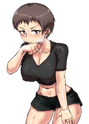 Rule 34 | 1girl, black shirt, black shorts, blush, breasts, brown eyes, brown hair, cleavage, closed mouth, commentary, cowboy shot, freckles, frown, girls und panzer, groin, hand on own thigh, large breasts, looking at viewer, midriff, mimuni362, naomi (girls und panzer), shirt, short hair, short shorts, short sleeves, shorts, simple background, solo, standing, sweat, tomboy, very short hair, white background, wiping sweat
