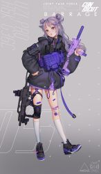 Rule 34 | 1girl, assault rifle, bag, belt, coat, double bun, eyelashes, fingernails, full body, grey background, grey eyes, grey hair, gun, h&amp;k g36c, hair bun, hair ribbon, hand on own hip, high collar, highres, holding, holding weapon, hood, hood down, knee pads, kneehighs, lips, long fingernails, long hair, long sleeves, looking at viewer, love cacao, machine pistol, open mouth, original, patch, pocket, ribbon, rifle, scope, shoes, simple background, sneakers, socks, solo, standing, submachine gun, suppressor, uzi, weapon, zipper
