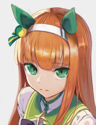 Rule 34 | 1girl, absurdres, animal ears, closed mouth, e nnihql, ear covers, expressionless, green eyes, hairband, highres, horse ears, jacket, long hair, looking at viewer, orange hair, portrait, silence suzuka (umamusume), simple background, solo, split mouth, umamusume, white background, white jacket