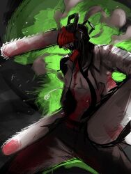 Rule 34 | 1boy, blood, blood on chest, blood on clothes, bloody weapon, chainsaw, chainsaw man, collared shirt, dark, denji (chainsaw man), facing to the side, highres, nyxkz, open clothes, open mouth, pull cord, sharp teeth, shirt, smoke, solo, teeth, weapon